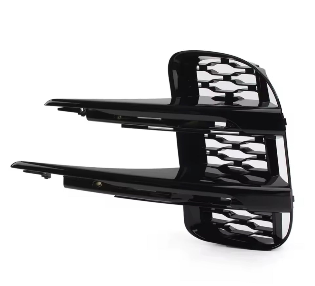 Range Rover Evoque Front Bumper Grill in gloss black finish with stylish cutouts.