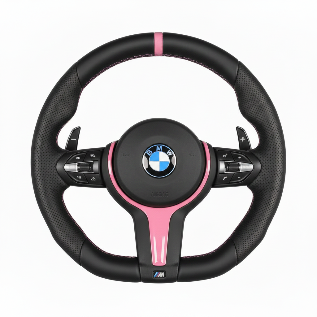 BMW Leather Flat Bottom Steering Wheel With Pink Middle Strip
