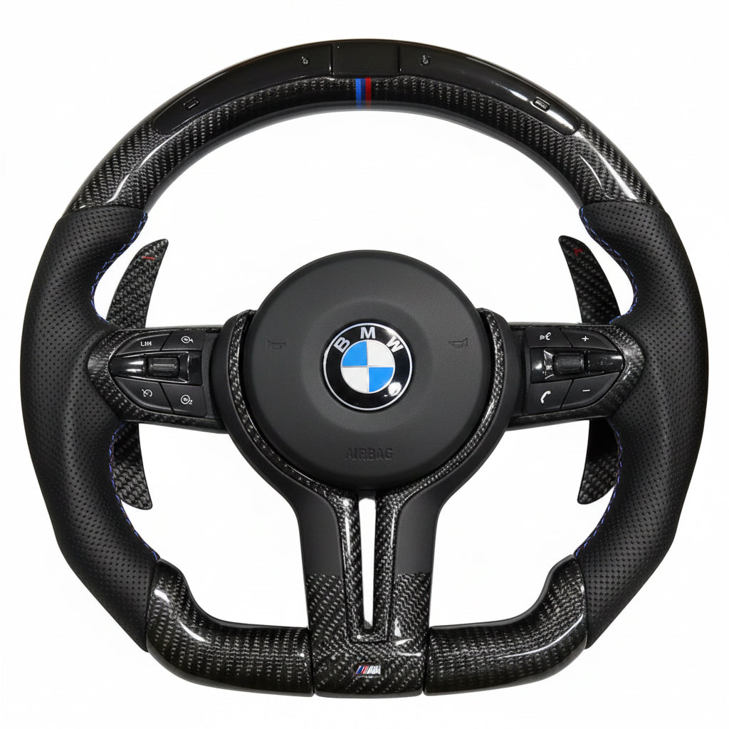 BMW LED Full Black Carbon Fiber Flat Bottom Steering Wheel