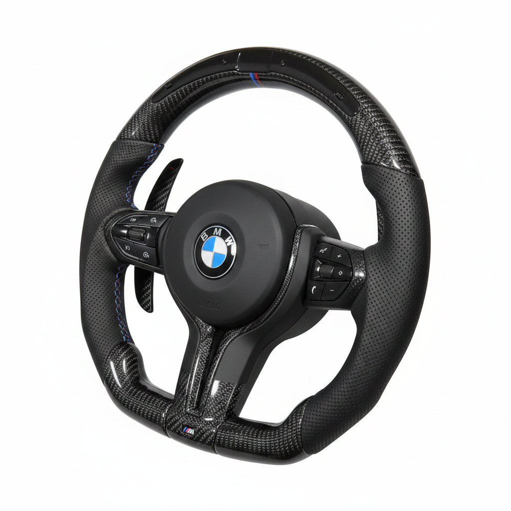 BMW LED Full Black Carbon Fiber Flat Bottom Steering Wheel