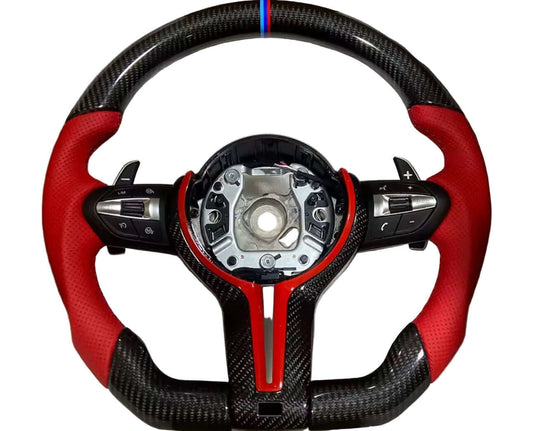 BMW Black Carbon Fiber Flat Bottom Steering Wheel With Red Grip Handles