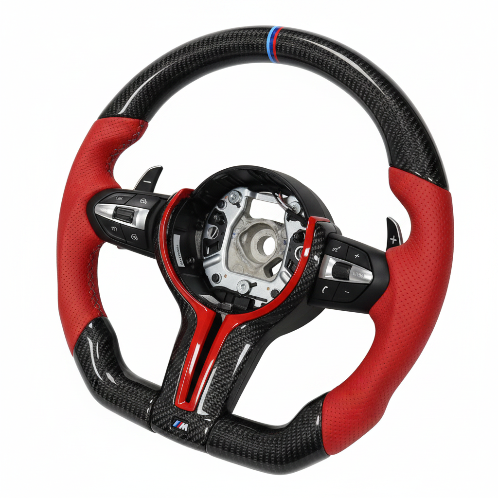 BMW Black Carbon Fiber Flat Bottom Steering Wheel With Red Grip Handles