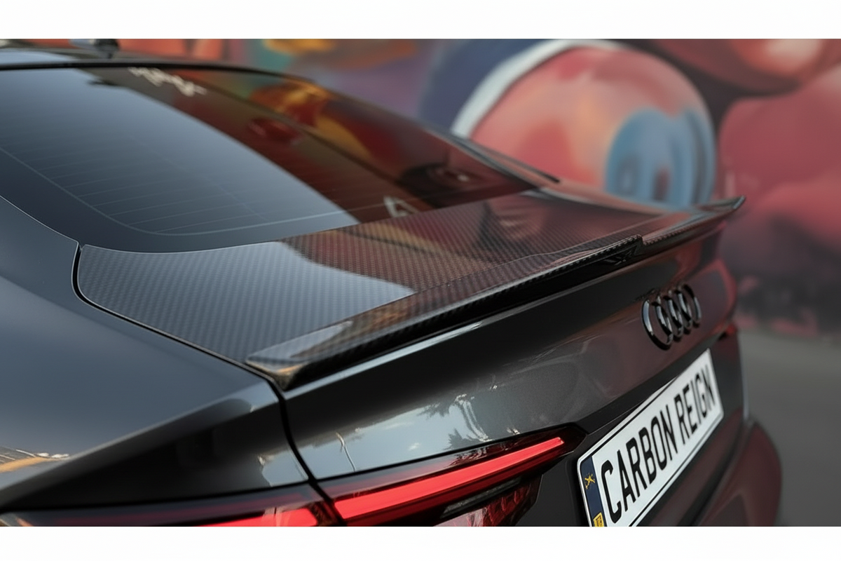 Close-up rear view of a black Audi sedan showing a carbon fiber textured rear spoiler and a license plate that reads 'CARBON REICH'.