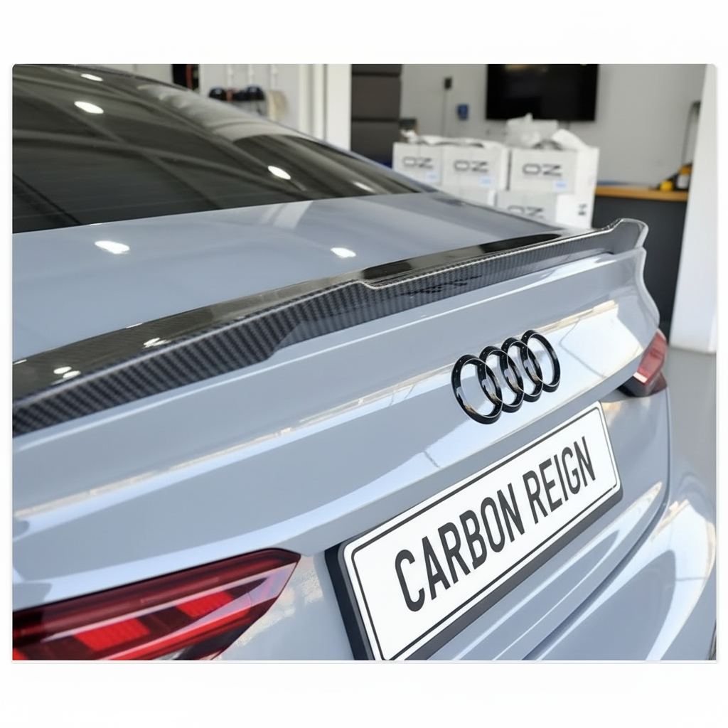 Close-up rear view of a light gray Audi car in a garage, showing a carbon fiber spoiler mounted above the trunk and a license plate reading "CARBON REIGN.".