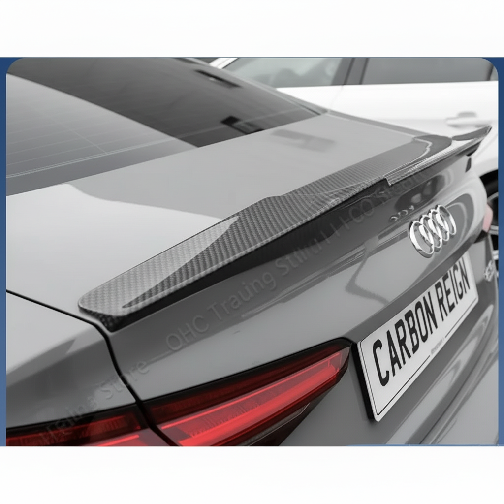 A carbon fiber rear trunk spoiler lip installed on the trunk of a dark gray Audi, with the Audi logo and a license plate reading 'CARBON REIGN' visible.