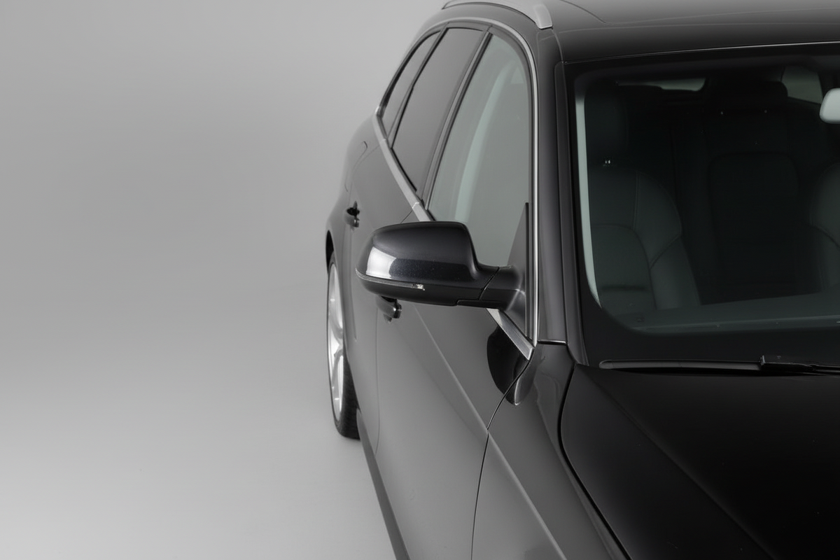 Close-up studio shot of the side of a dark gray or black station wagon, showing the door, side mirror, window, and part of the front wheel against a light gray background.